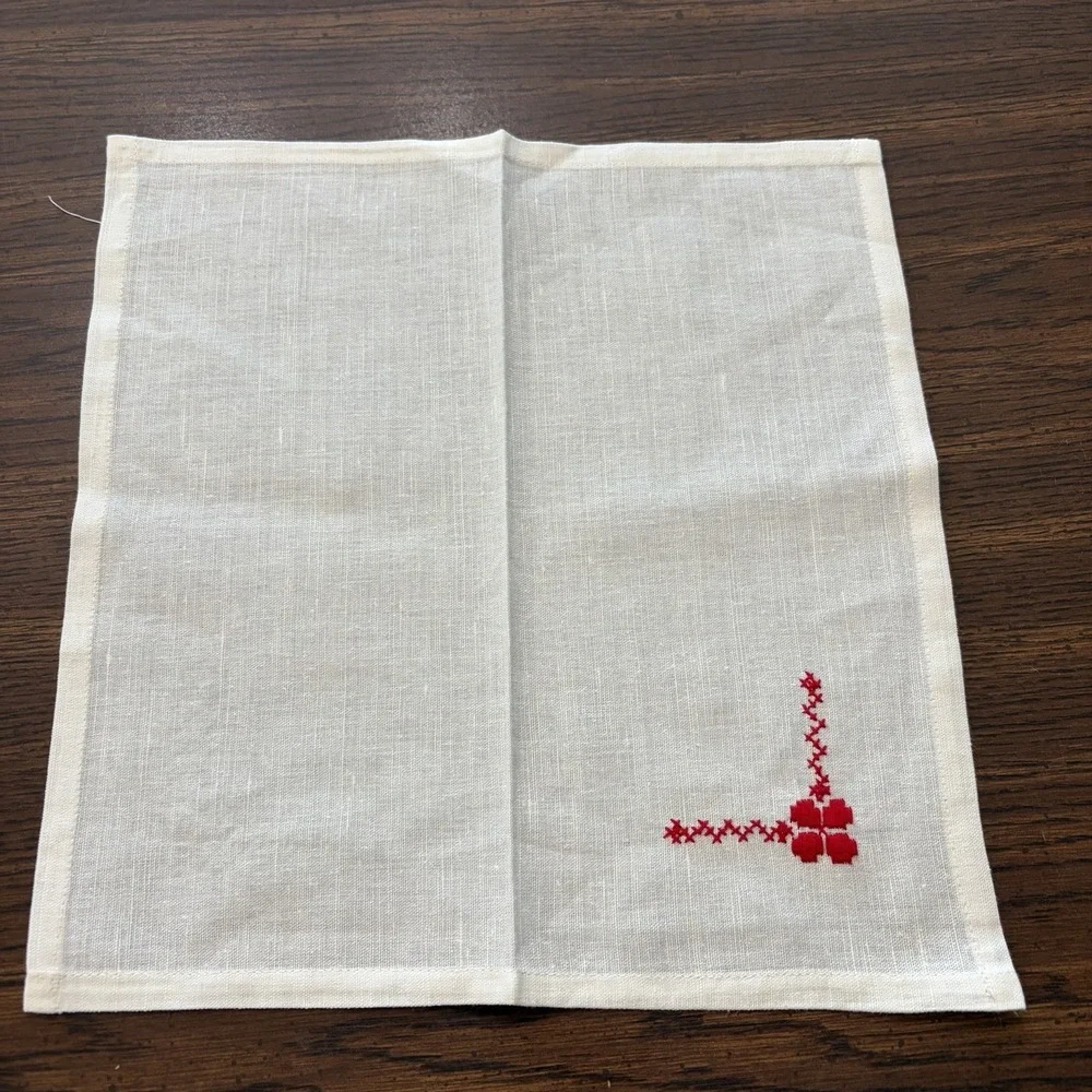 Vintage Cross Stitch Linen Tablecloth Napkin Set Red Black Folk Art Farmhouse